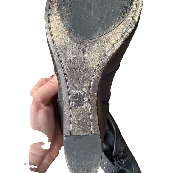 Eileen Fisher Black Leather Seamed Detail Laceup Closed Toe Wedge Heels - 7 - Picture 10 of 11